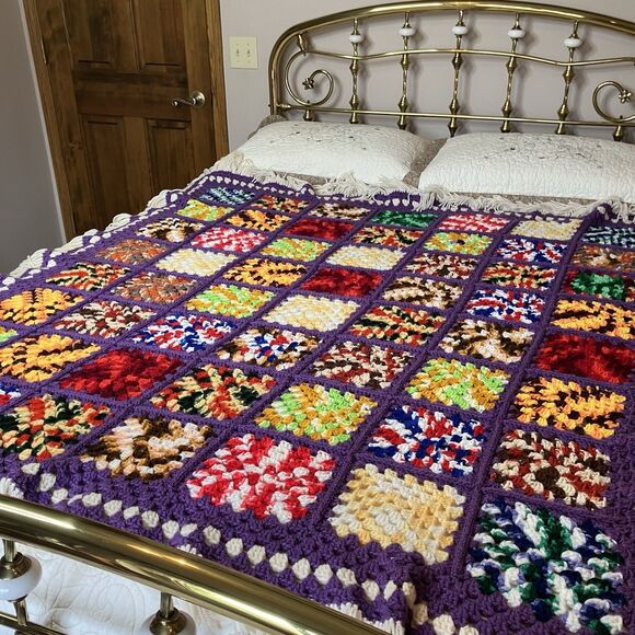 Vtg Granny Square Handmade Crochet Afghan Blanket Multicolor 51x60 Fringe - Picture 1 of 11